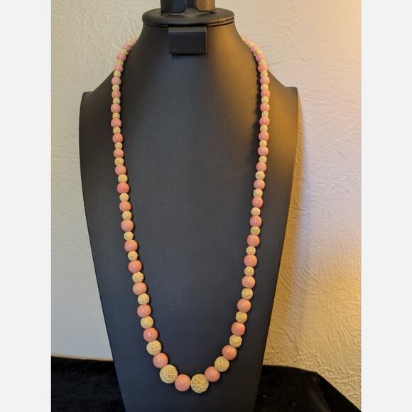 Vintage Graduated Carved Celluloid & Pink Coral Bead Broken Clasp 32" Necklace - Picture 1 of 16